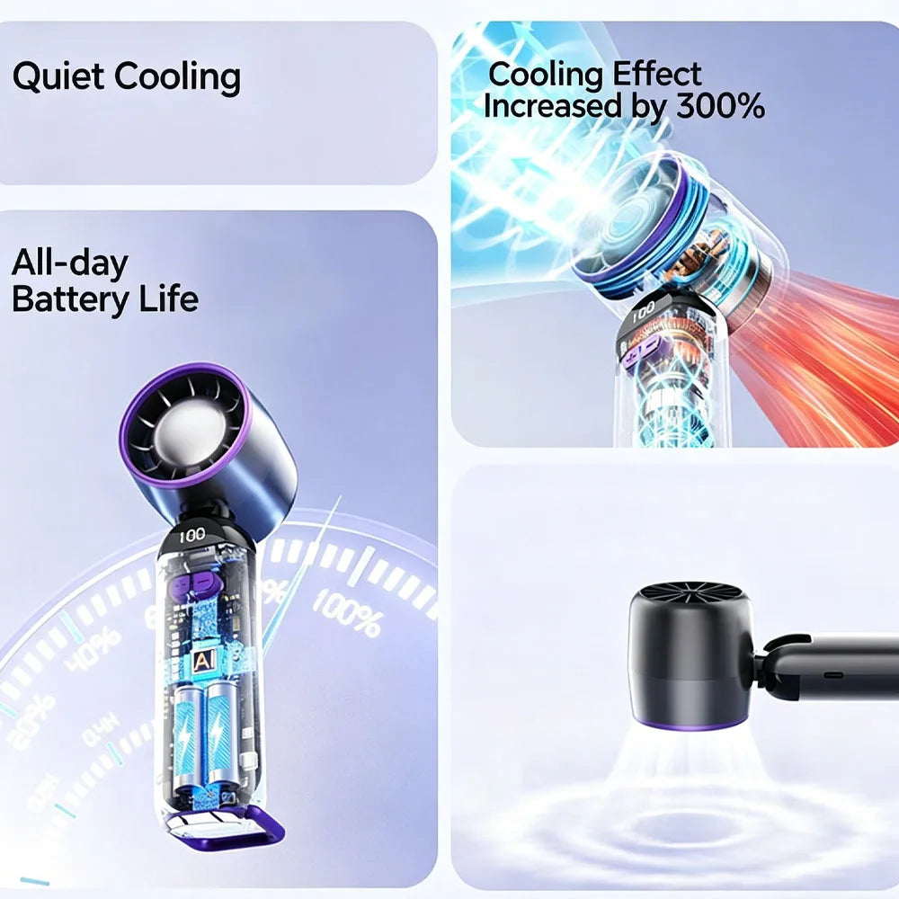 Portable Handheld Fan 3000mAh Foldable Neck Fan Personal Cooling 1-100 Speeds Turbo Airflow USB Rechargeable Mini Fan for Travel