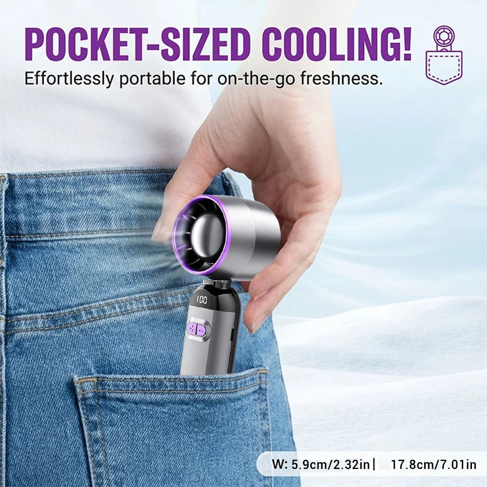 Portable Handheld Fan 3000mAh Foldable Neck Fan Personal Cooling 1-100 Speeds Turbo Airflow USB Rechargeable Mini Fan for Travel